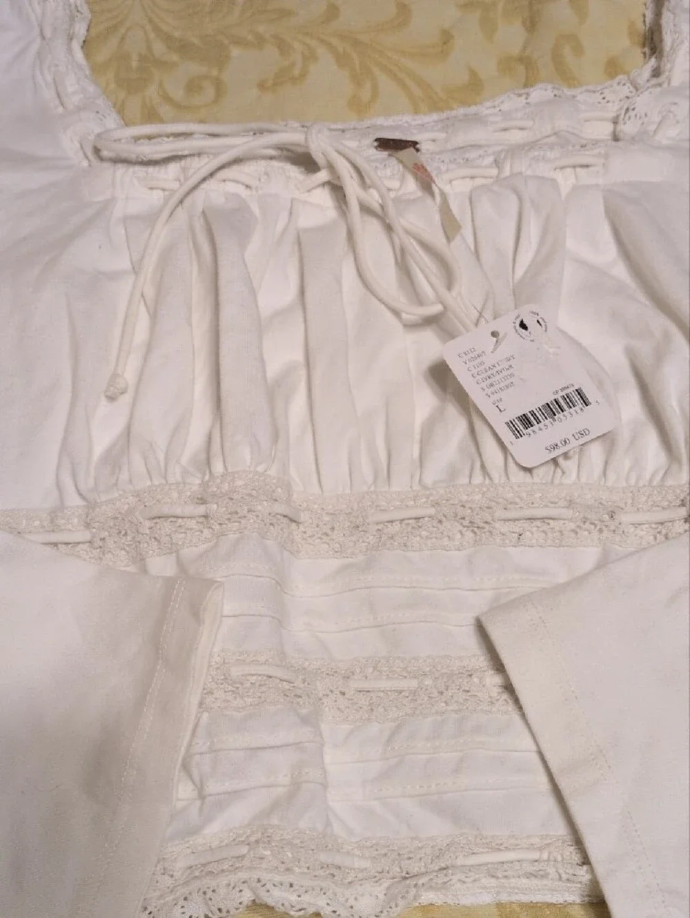 Free People Scarlet Off-Shoulder Lace Trim Crop Top In Cream, SZ L, NWT